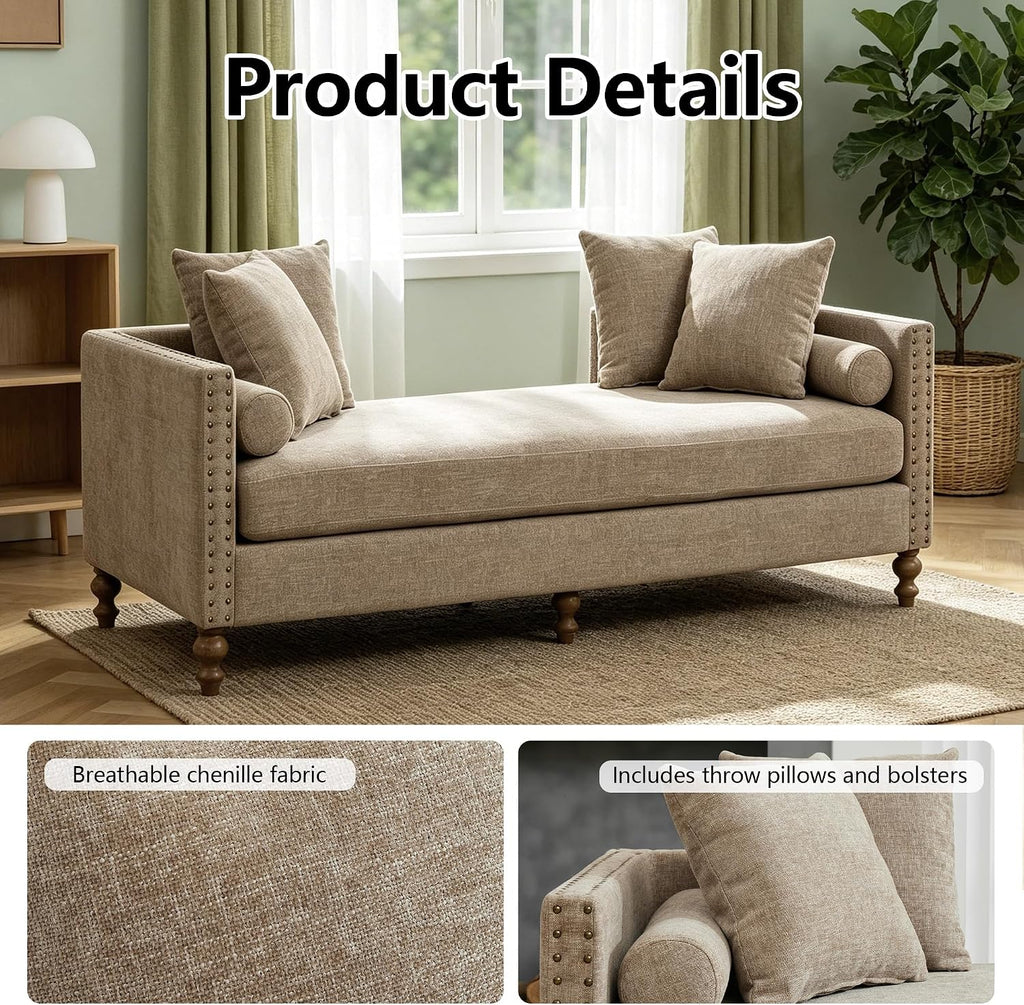 75'' Taupe End of Bed Bench with Nailhead Trim,Upholstered Chenille Chaise Lounge with 4 Throw Pillows&2