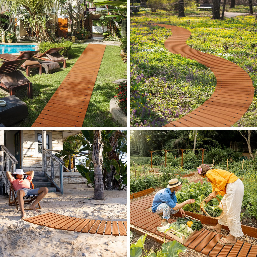 8.5FT Wooden Garden Pathway, Roll Out Decorative Straight Walkway, Non-Slip Patio Boardwalk Pavers for