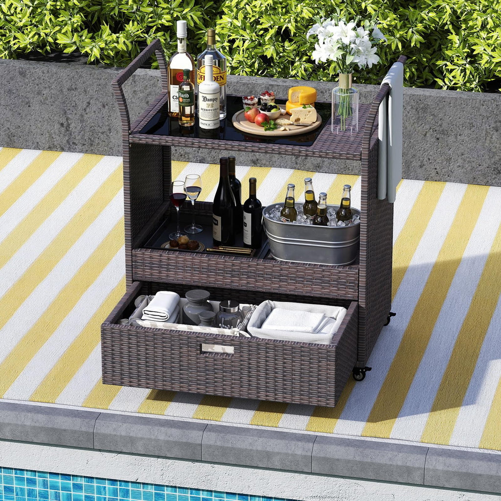 Rolling Rattan Bar Cart, Bar Counter Table with Tempered Glass Top