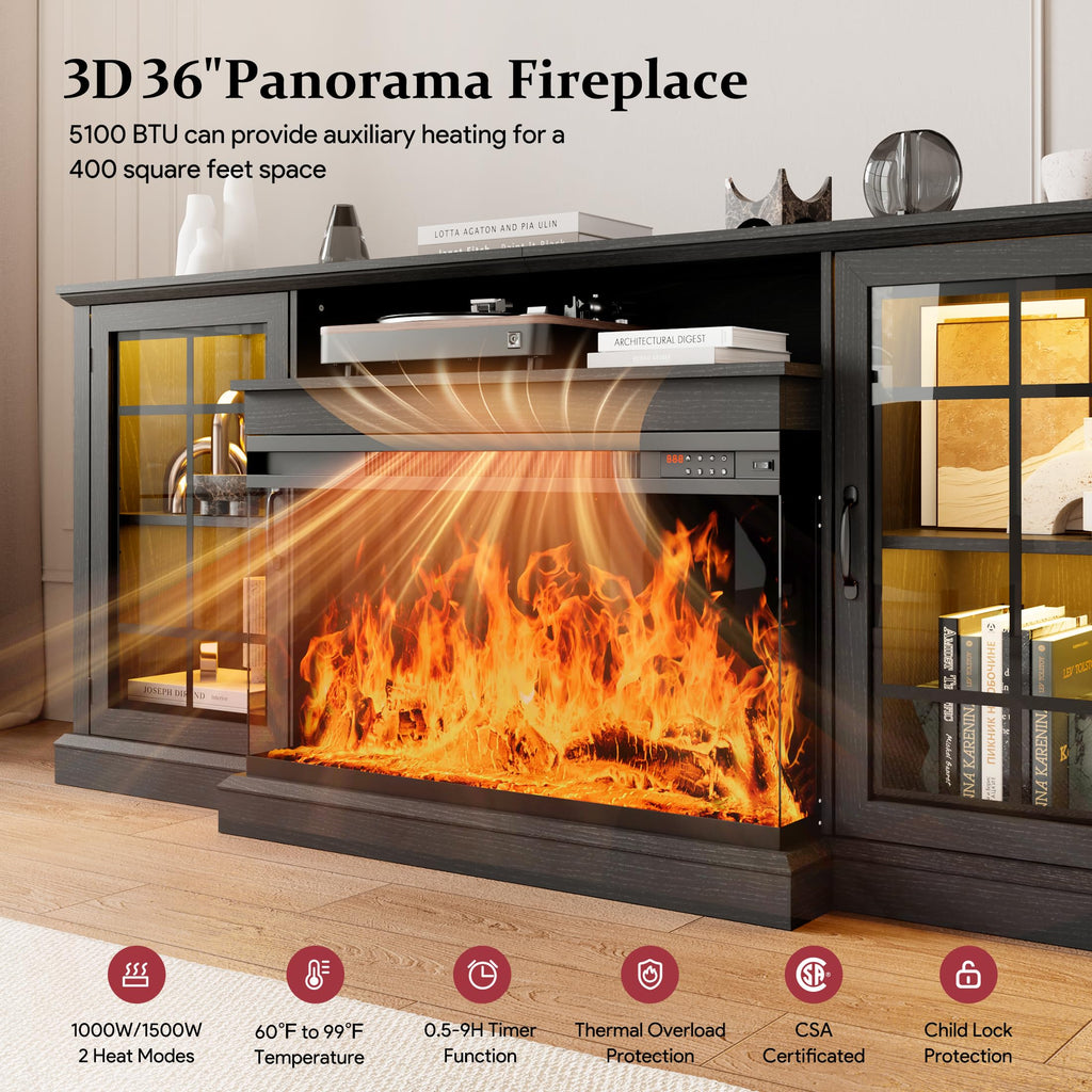 80'' Fireplace TV Stand, Farmhouse Entertainment Center with 3 Sided Glass TV Stand, Modern Media Console Table with