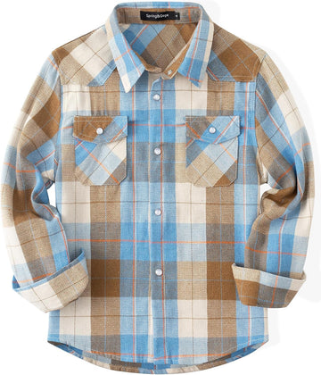 Boys Western Pearl Snap Flannel Plaid Button Down Shirts