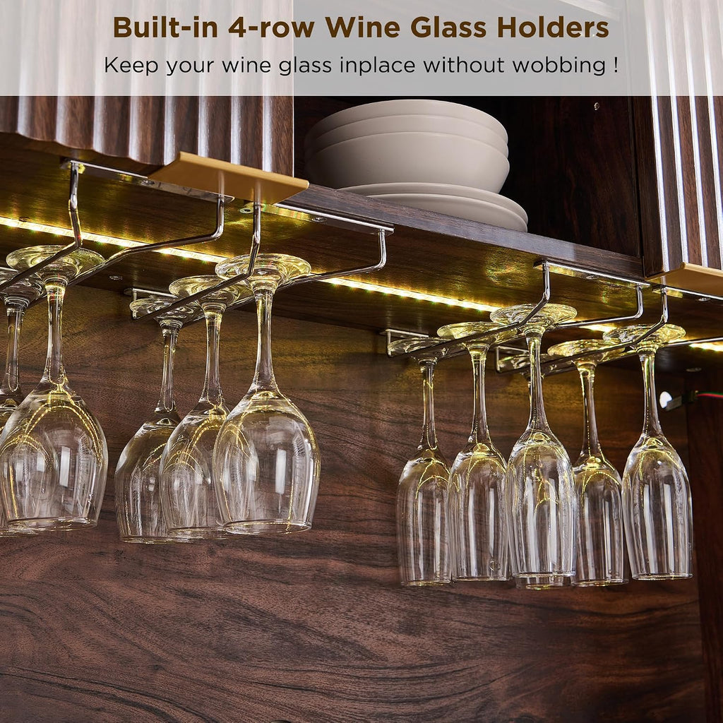72" Tall Coffee Bar Cabinet, Fluted Wooden Wine Cabinet, Dark Walnut | Power Outlets, Led Lights, 4 Stemware Racks, 9