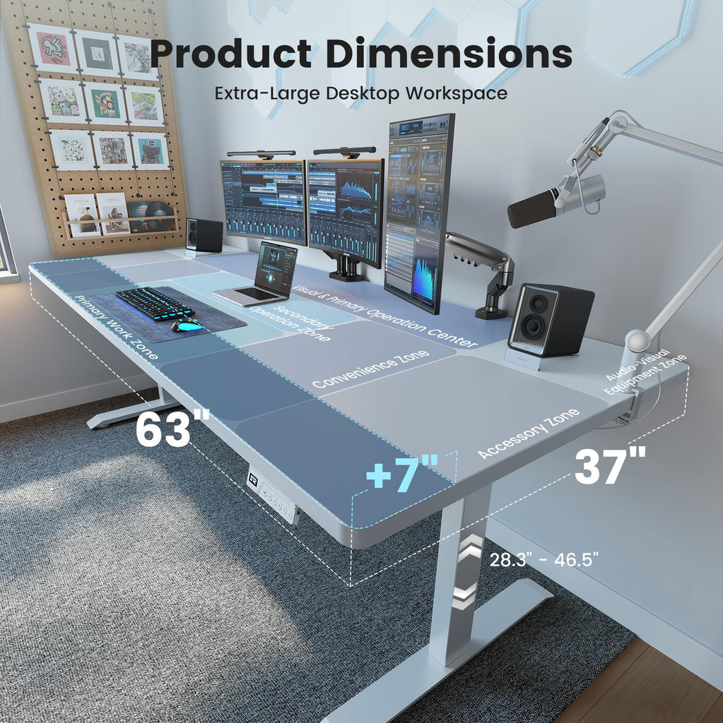 Standing Desk 63 × 37 Inch Electric Height Adjustable, White
