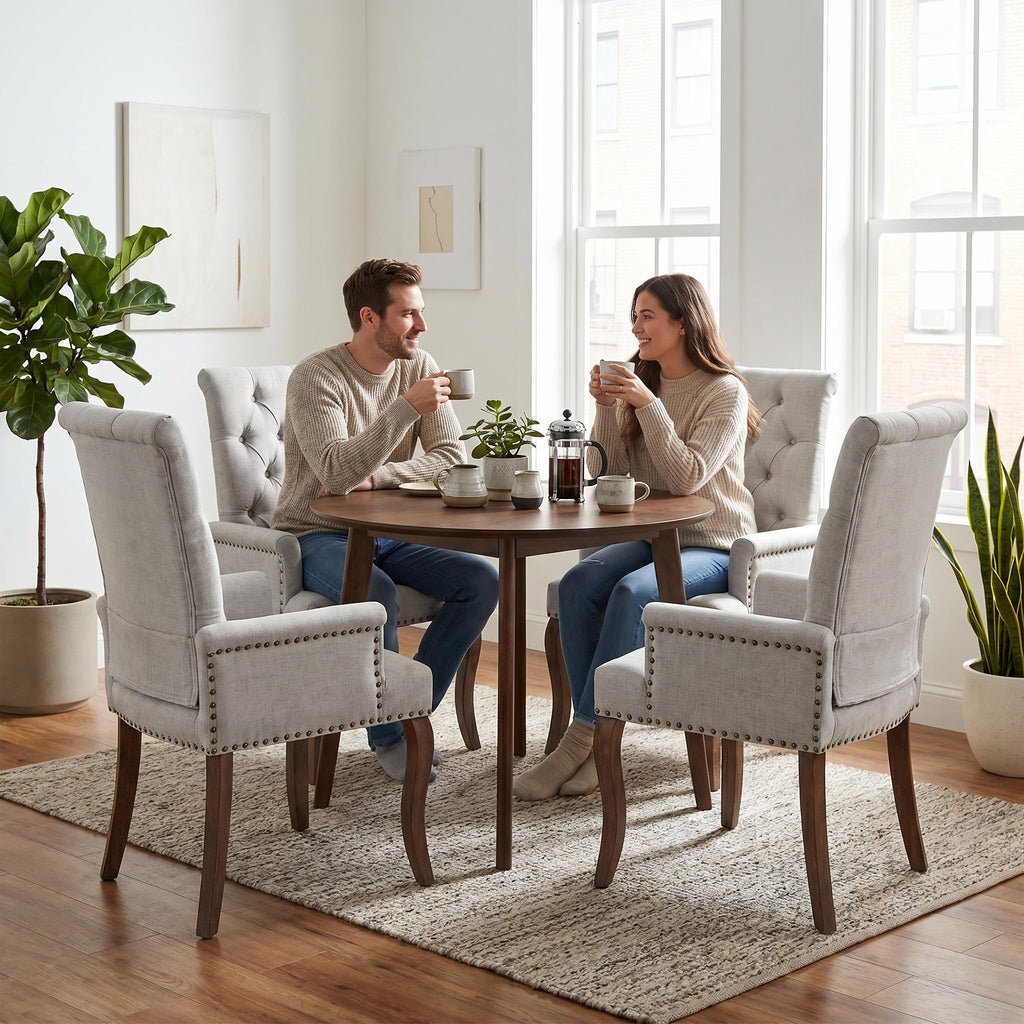 Upholstered Chenille Fabric Dining Chairs with Arms Set of 6, Tufted High Back Dining Room Chairs with Curved