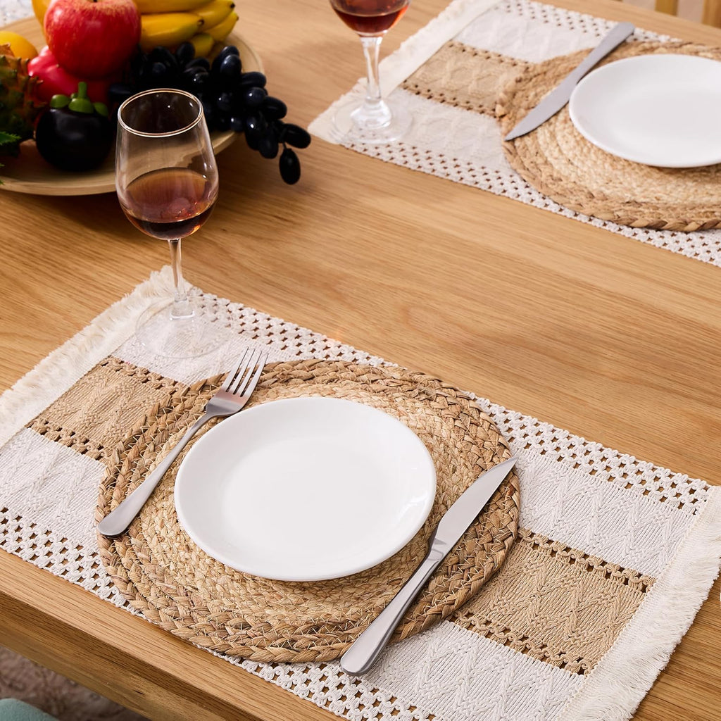 Handmade Boho Placemats - Natural Cotton Burlap and Water Straw Woven Rattan Wicker Braided Combination - Set of 6