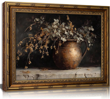 Vintage Gold Framed Canvas Wall Art Rustic Farmhouse 3D Textured Dark Floral Botanical Paintings Wall Decor Retro