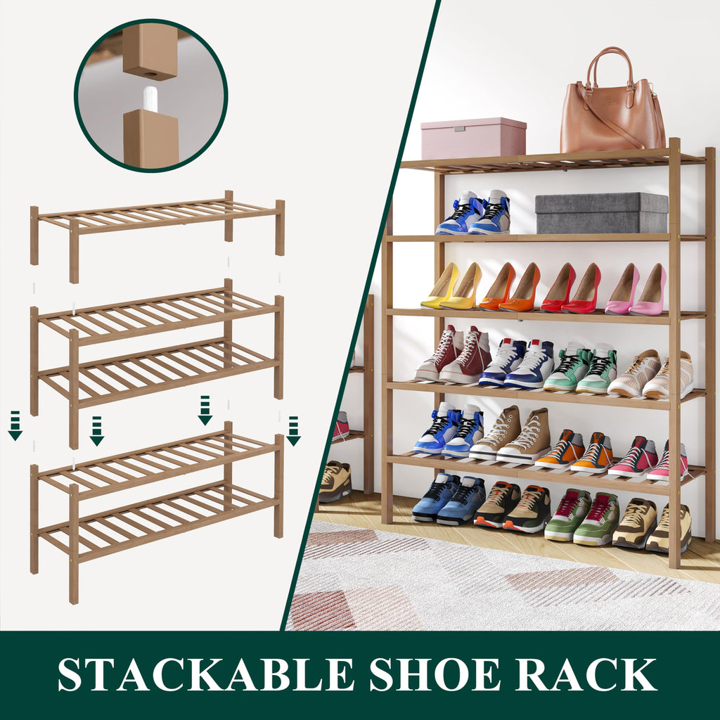 Bamboo Shoe Rack, 14 Vertical Slats, 5 Tier - 26.8" Wide, Walnut