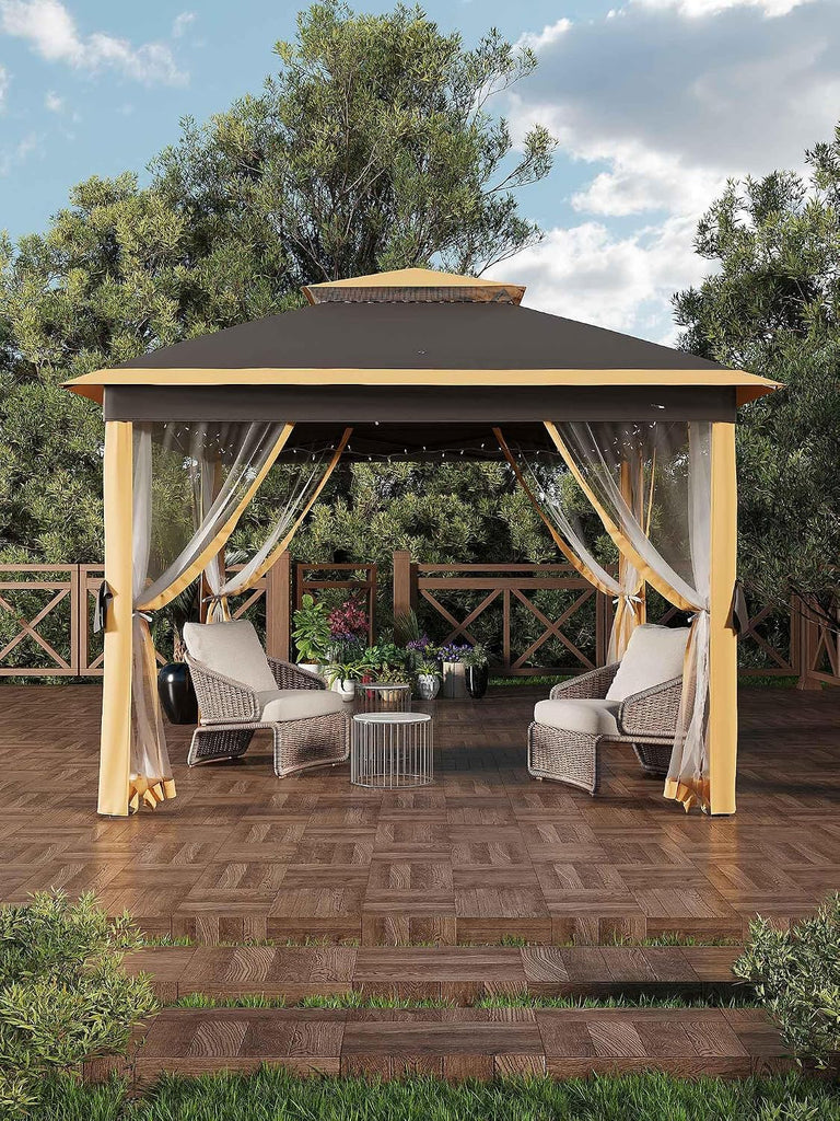 11x11 Pop Up Gazebo Tent with Mosquito Netting, Outdoor Canopy Shelter Easy Setup, Water & UV Resistant - Khaki
