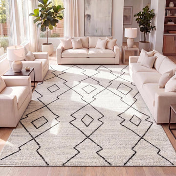 Alia Moroccan Beni Souk Cream/Black Indoor Area Rug, Bohemian, Scandinavian, Easy-Cleaning, Pet Friendly