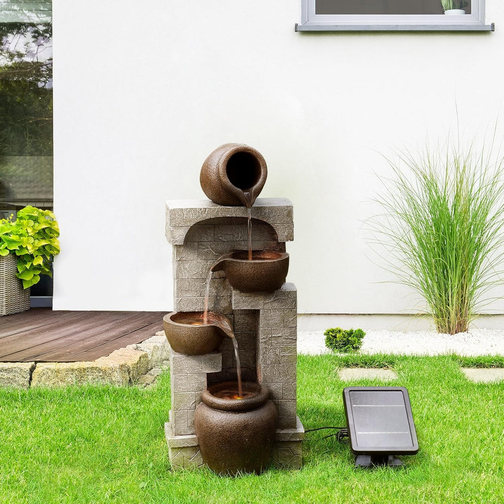 28 in. Cascading Bowls and Stacked Stones LED Outdoor Water Fountain Living Spaces to Create a Calming Oasis