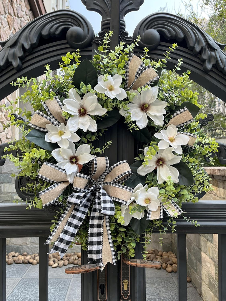24 Inch Artificial Magnolia Wreath for Front Door - Farmhouse Boxwood Greenery Wreath with Buffalo Plaid Bow