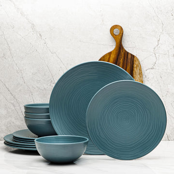 12 Piece Melamine Dinnerware Set - Durable, Dishwasher Safe Plates and Bowls - Casual Dining, Parties, Blue Dish Set
