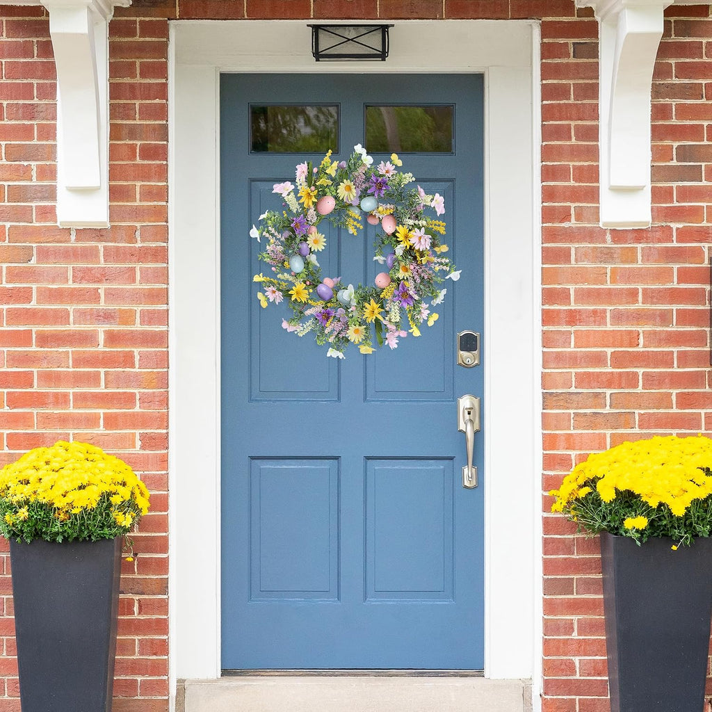 20 Inch Easter Wreath with Spring Artificial Flower Colorful Eggs Daisies Lavender Eucalyptus Leaves for Front Door
