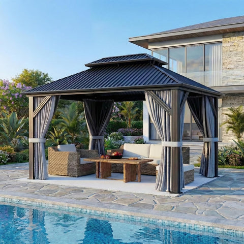 10'x12' Gazebo Hardtop Gazebo, Aluminum Pergola with Double Galvanized Steel Roof, Permanent Outdoor Metal Canopy with Curtain and Netting for Patio, Backyard, Deck,Grey