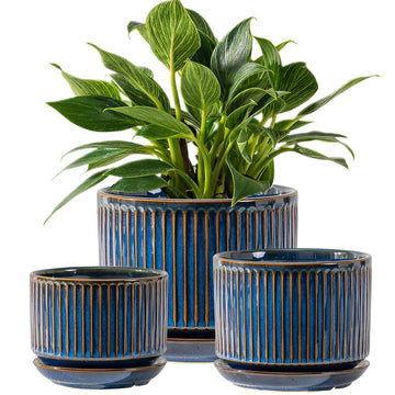 Ceramic Plant Pots Set of 3, 4.3+5.5+6.8 Inch Indoor Outdoor Planters with Drainage Hole and Saucer, Ceramic Flower