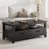 Farmhouse Coffee Table with Drawers, 47.2 in Center Table Rustic Coffee Tables Black Living Room Table