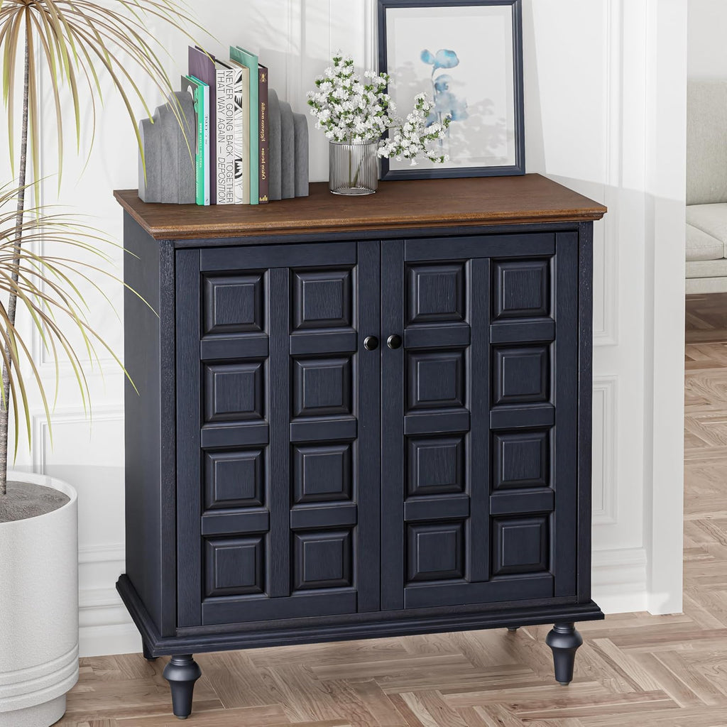 Retro 2 Door Storage Cabinet with Plaid Pattern Front, Vintage Side Table , Handles, Two-Shelves, Pine Wood, Dark