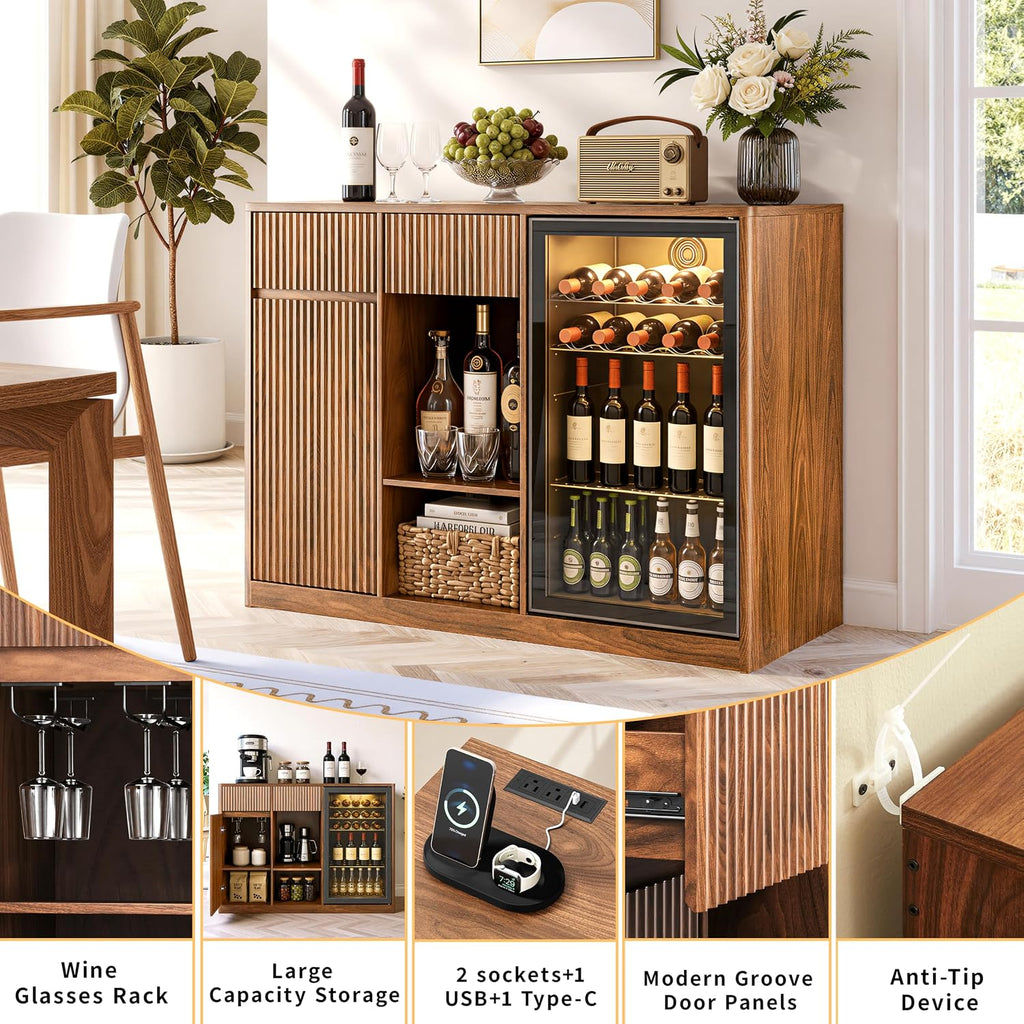 51" Coffee Bar Cabinet with Fridge Space, Fluted Mini Fridge Cabinet with Storage/Charging Station, Wine Liquor