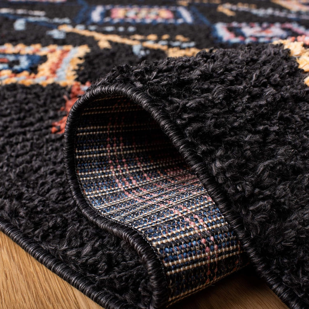 Morocco Collection Area Rug - 6'7" Square, Black & Navy, Moroccan Boho Tribal Design, Non-Shedding & Easy Care, Ideal