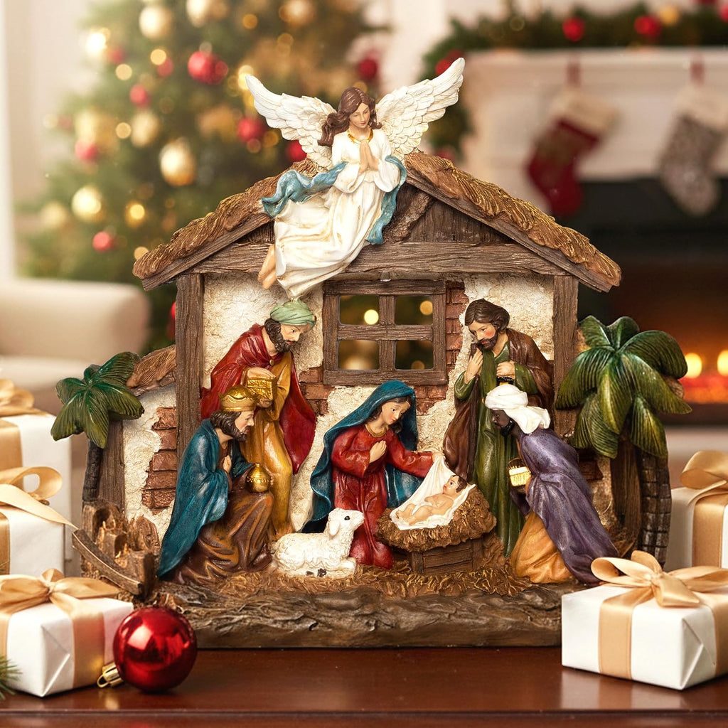 Nativity Sets for Christmas Figurine Decorations Indoor, 12.5 Inch Large Lighted Resin Manger for Nativity Scene