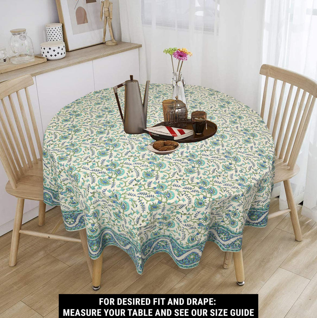 Cotton Block Print Tablecloth Round 72 inch, Blue Green