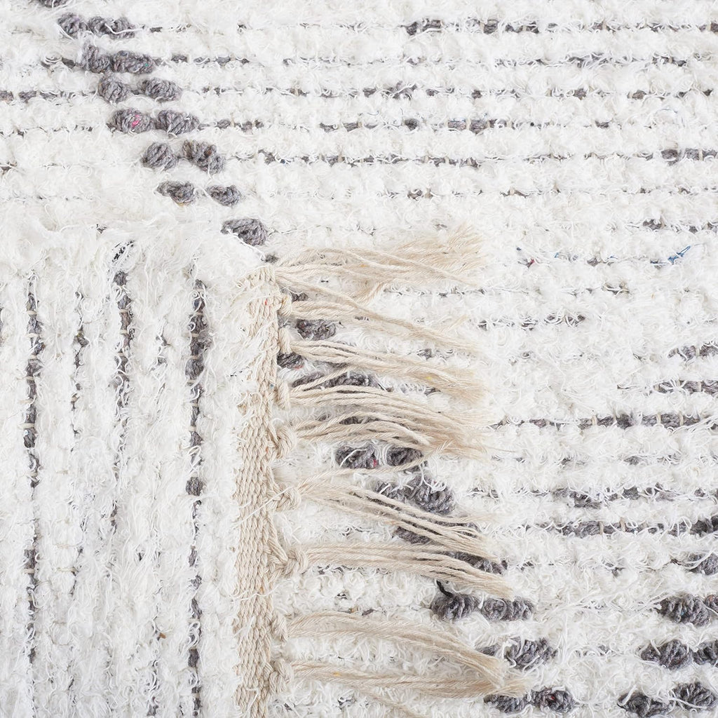 Area Rug - Casablanca Collection - Large - Ivory & Grey, Handmade Cotton, Moroccan Boho Fringe, Ideal, Dining