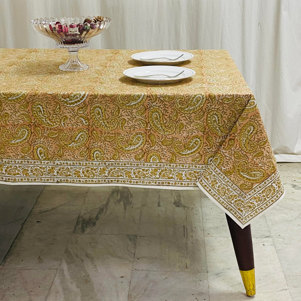 Romantic Reverie Hand Block Print Rectangle Tablecloth 190x72 Inch