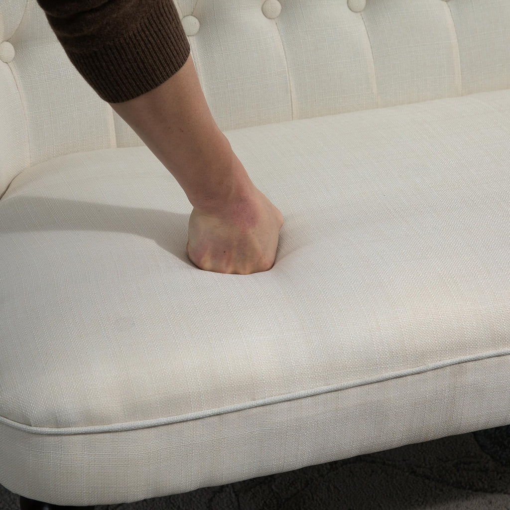 Fabric Loveseat with Wood Legs, Buton Tufted Settee, Cream White