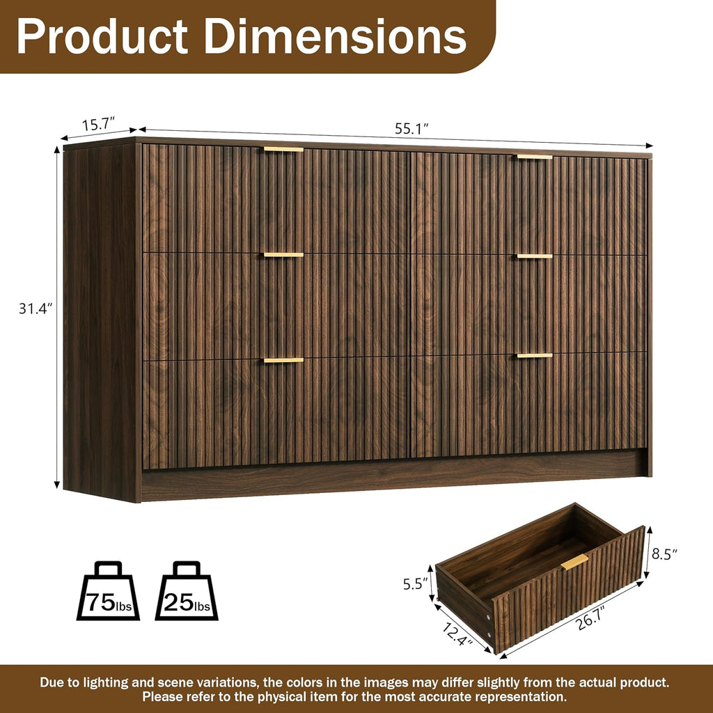 Walnut Dresser , Modern Dresser with 6 Drawers and Smooth Slides, Wide Chest of Drawers with Golden Handles , Closet