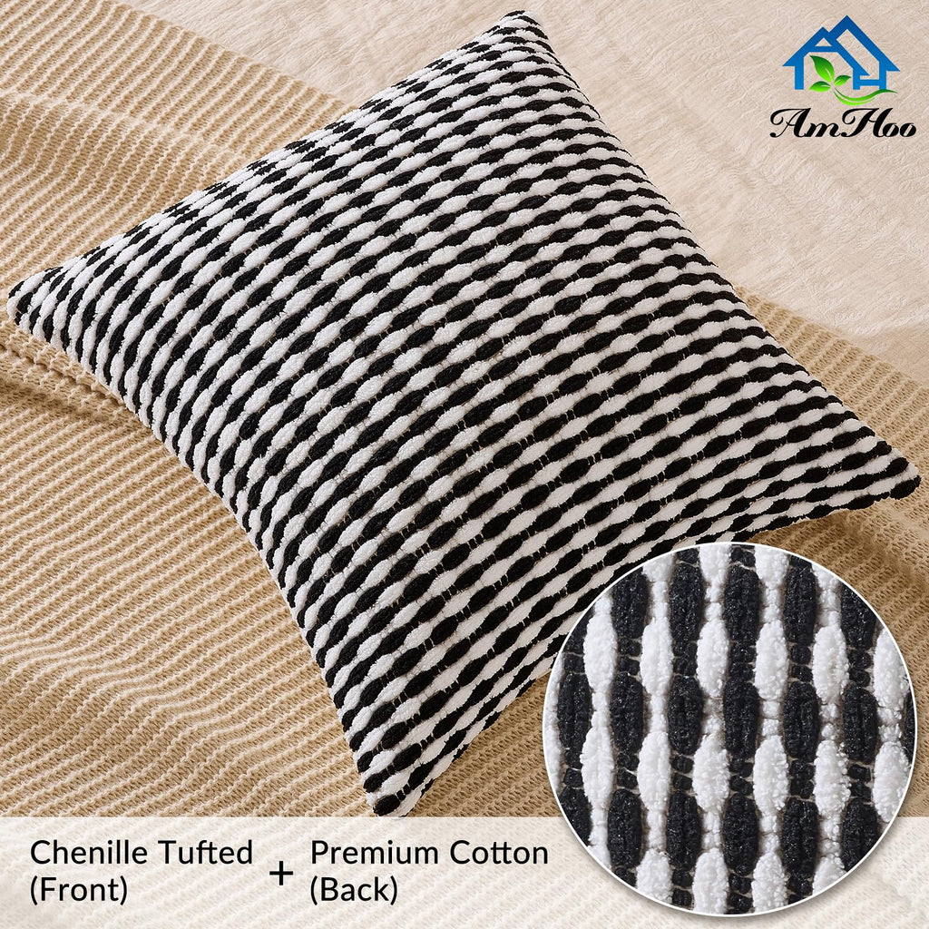 Set of 2 Boho Chenille Pillow Cover, 18 x 18-Inch Black