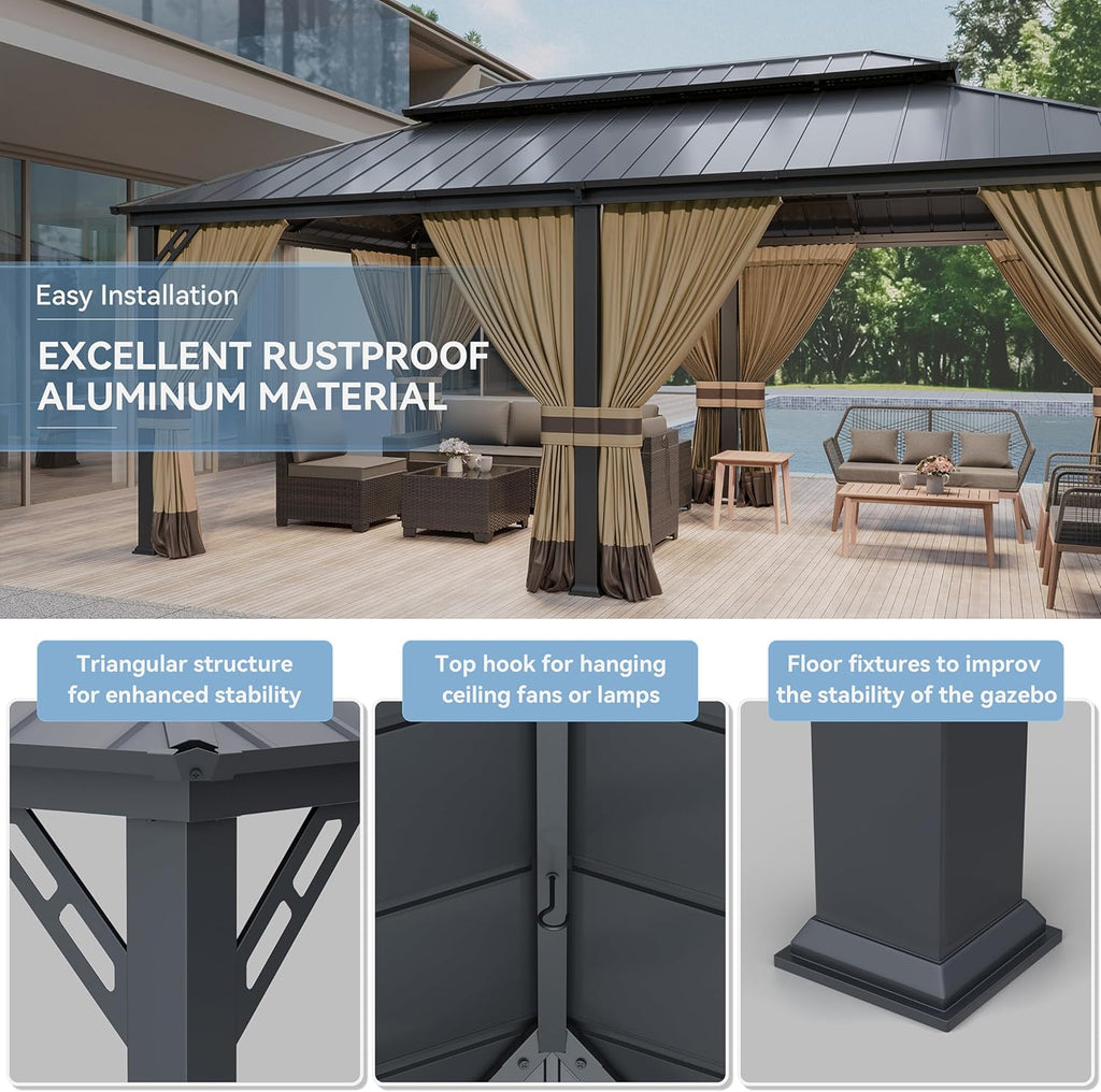 12' x 20' Hardtop Outdoor Metal Gazebo with Galvanized Steel Double Roof Canopy, Netting and Curtain