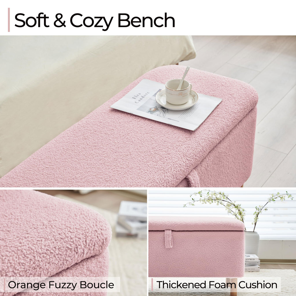 Boucle Storage Ottoman Bench end of Bed, Sherpa Upholstered Shoe Seat Storage Bench Bed Foot, Rectangle Cushion