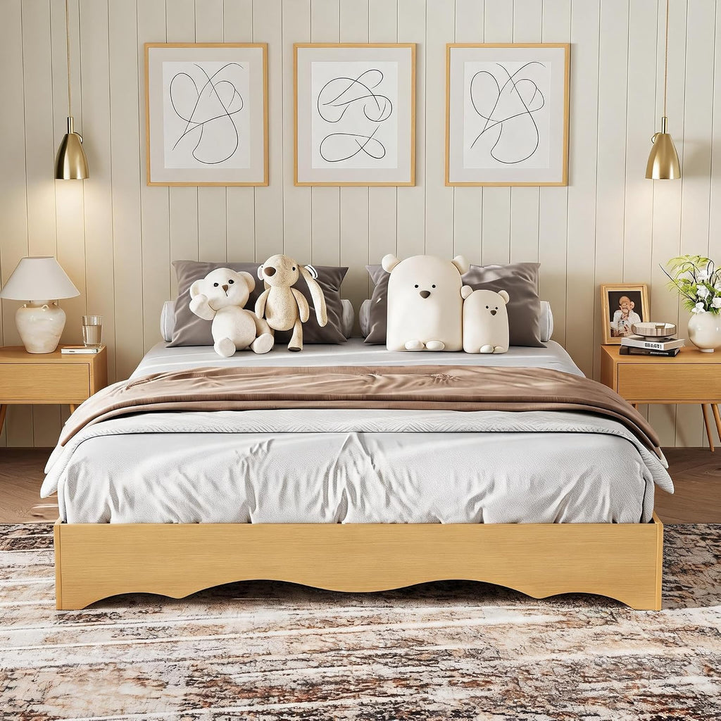 Japanese-Inspired Low Profile Wood Platform Bed Frame with Wavy Edge - Solid Slat Support, Noise-Free, No Box Spring
