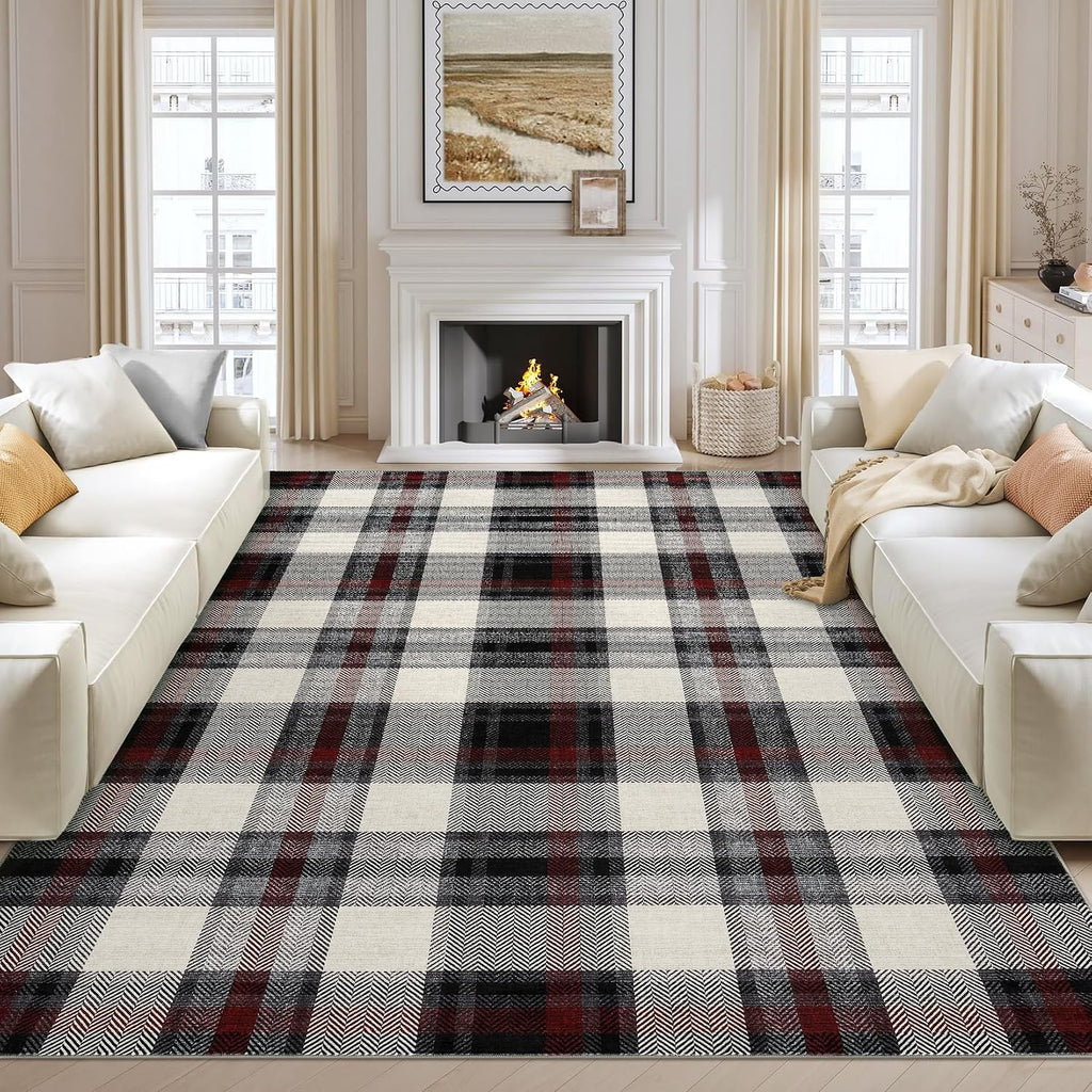 Washable Area Rug Modern Bedroom Rustic Large Plaid Area Rug Checkered Non Slip Throw Rugs Stain Resistant