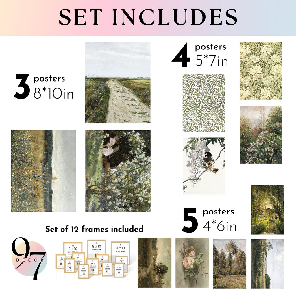 Vintage Framed Wall Art, 12 Pcs Landscape Prints, Beige Frame