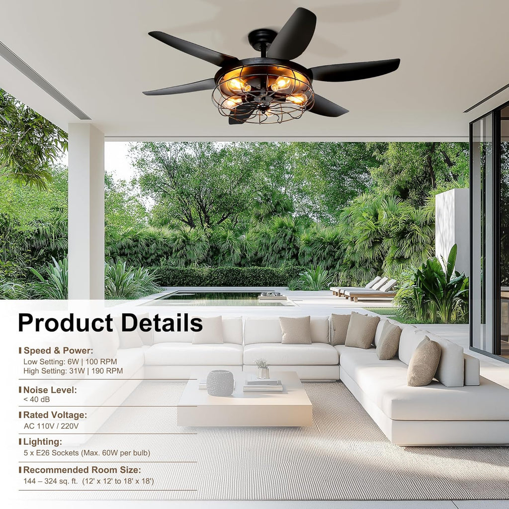 Ceiling Fans with Lights and Remote - 52 Inch Farmhouse Ceiling Fan with Caged Light Fixture - Black Industrial