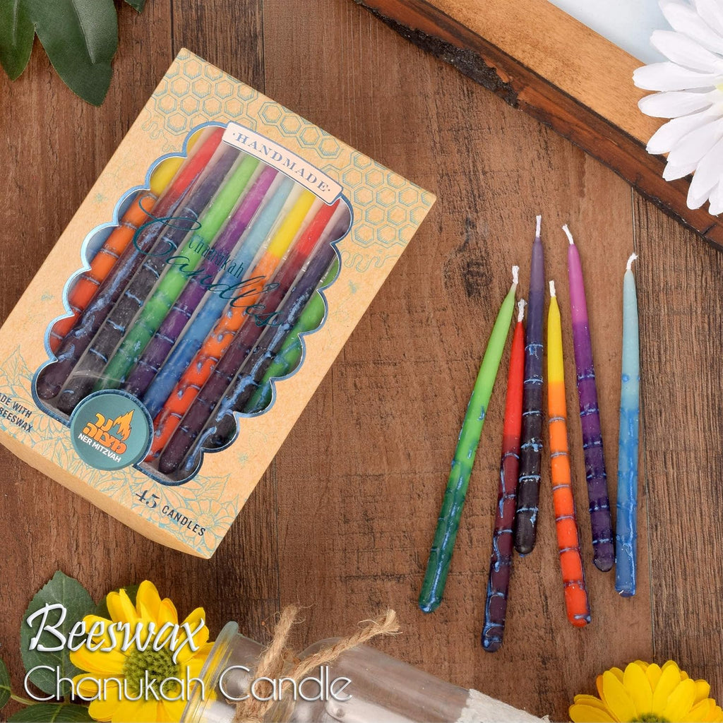 Beeswax Chanukah Candles Standard Size Fits Most Menorahs - Decorated Multi Colored Beeswax Hanukkah Candles - Set of 45