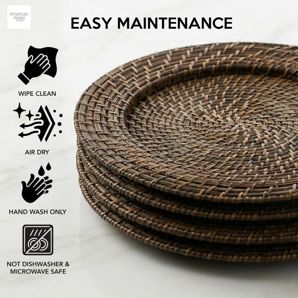 Rattan Charger Plates Hand Woven Round Brown, 13" - 4 Set