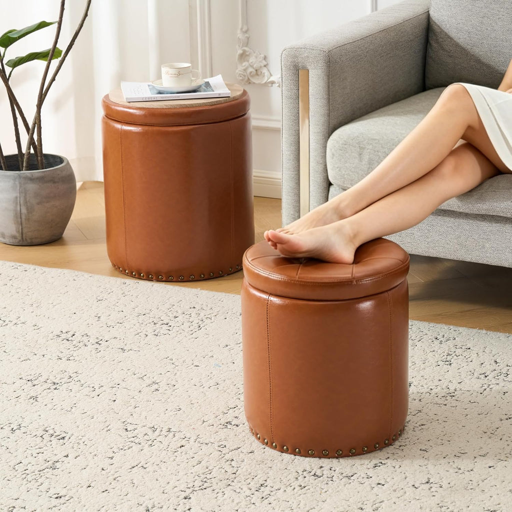 Round Ottoman with Storage Set of 2, Faux Leather Button Tufted Vanity Stool, Storage Ottoman Coffee Table, Small