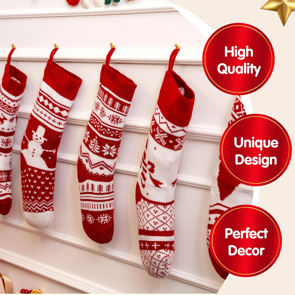 18" Christmas Knit Stockings, Large Rustic Yarn Xmas Stockings Bulk, Cable Knit Xmas Stockings with Snowflake - Set of 6