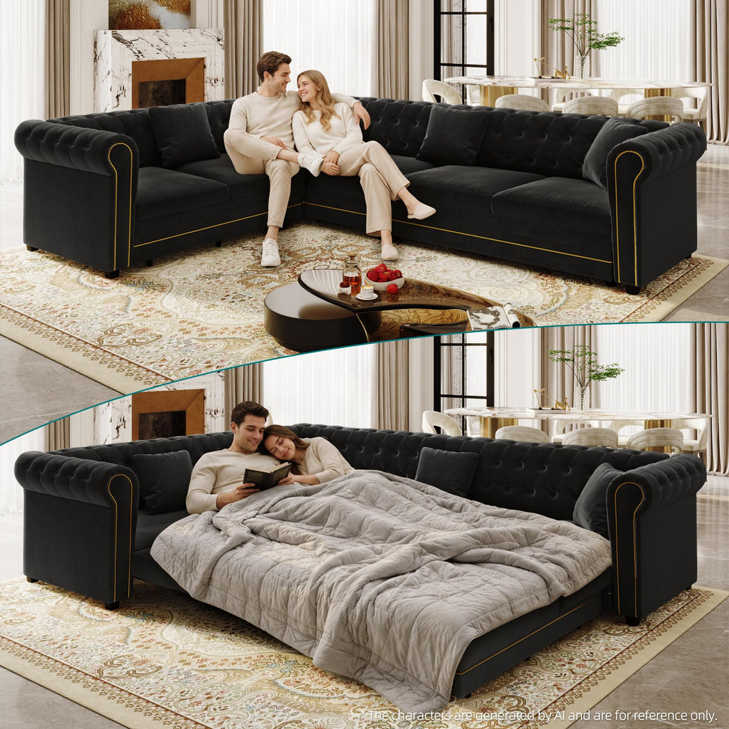Sectional Sleeper Sofa, 115.3" L-Shaped Couch with Pull Out Couch, Black