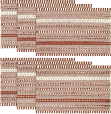 Caramel Farmhouse Woven Braided Stripe Placemats,12x18 Inch Seasonal Holiday Table Mats Party Kitchen Dining - Set of 6
