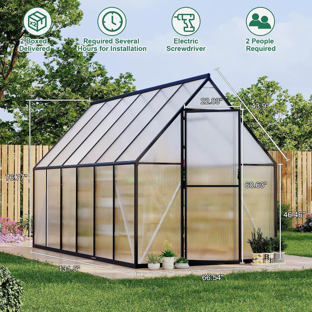 6 x 11 ft Outdoor Polycarbonate Greenhouse Kit, Heavy Duty Greenhouse with Reinforced Aluminum Frame, Adjustable Roof