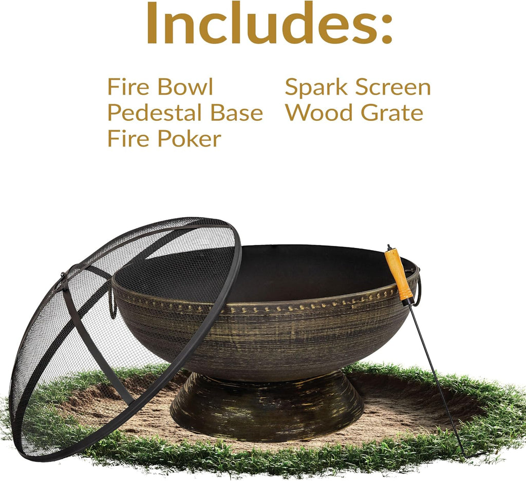 30-Inch Large Outdoor Fire Pit - Wood Burning Fire Pit for Outside with Poker and Screen - Black Finish - Regal Cauldron