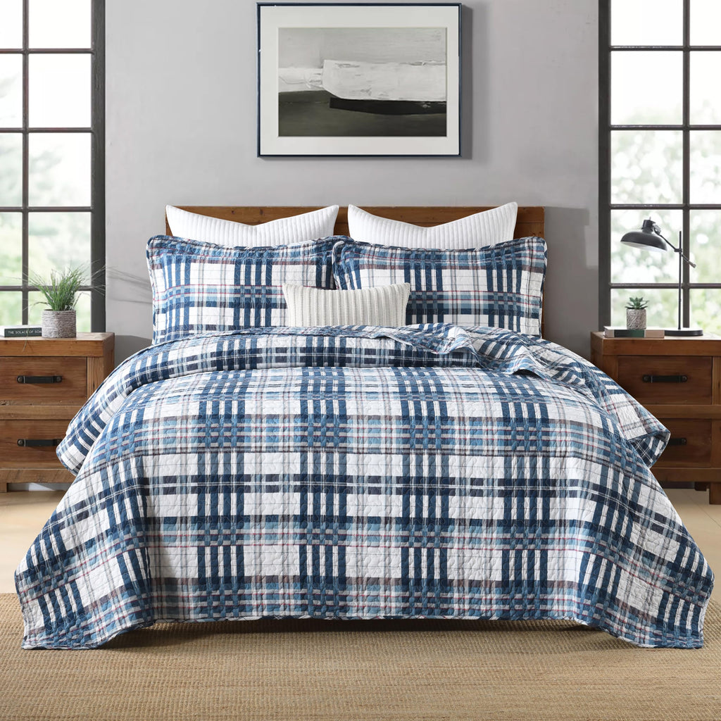 100% Cotton Blue White Red Plaid Quilt, Gingham Comforter