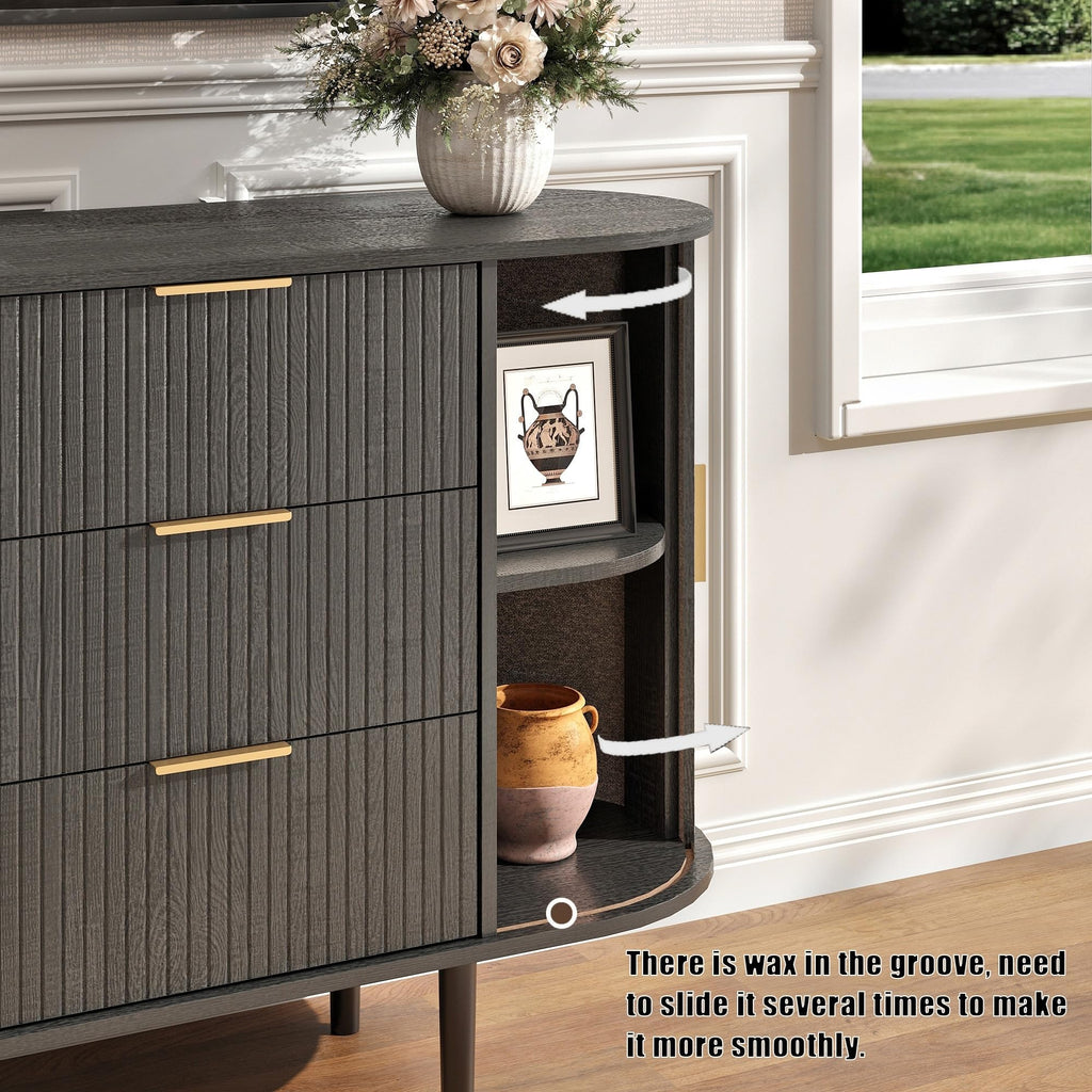 Fluted 6 Drawer Dresser, 63" Wide Modern Chest of Drawers with Gold Metal Handles, Curved Edge Design, Wood Storage