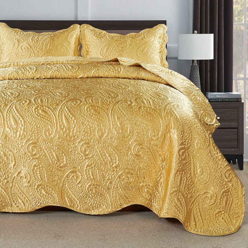 Quilted Satin Bedspread Set - 3-Piece Luxury Reversible Bed Cover, Silky Soft Shiny & Lightweight Quilt for
