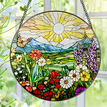 8 Inch Mountain Wildflowers Stained Glass Suncatcher, Window Decor, Grandma Mom Gift for Her, Mother's Day Christmas