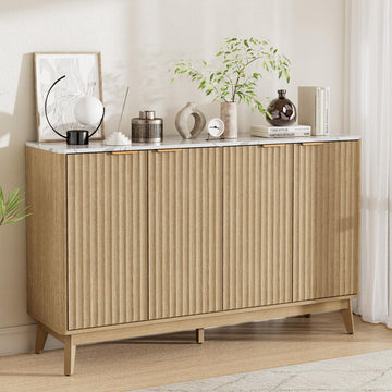 Sideboard Cabinet, 55'' Buffet Cabinet with Faux Marble Top & Adjustable Shelf, Modern Fluted Storage Cabinet, Accent