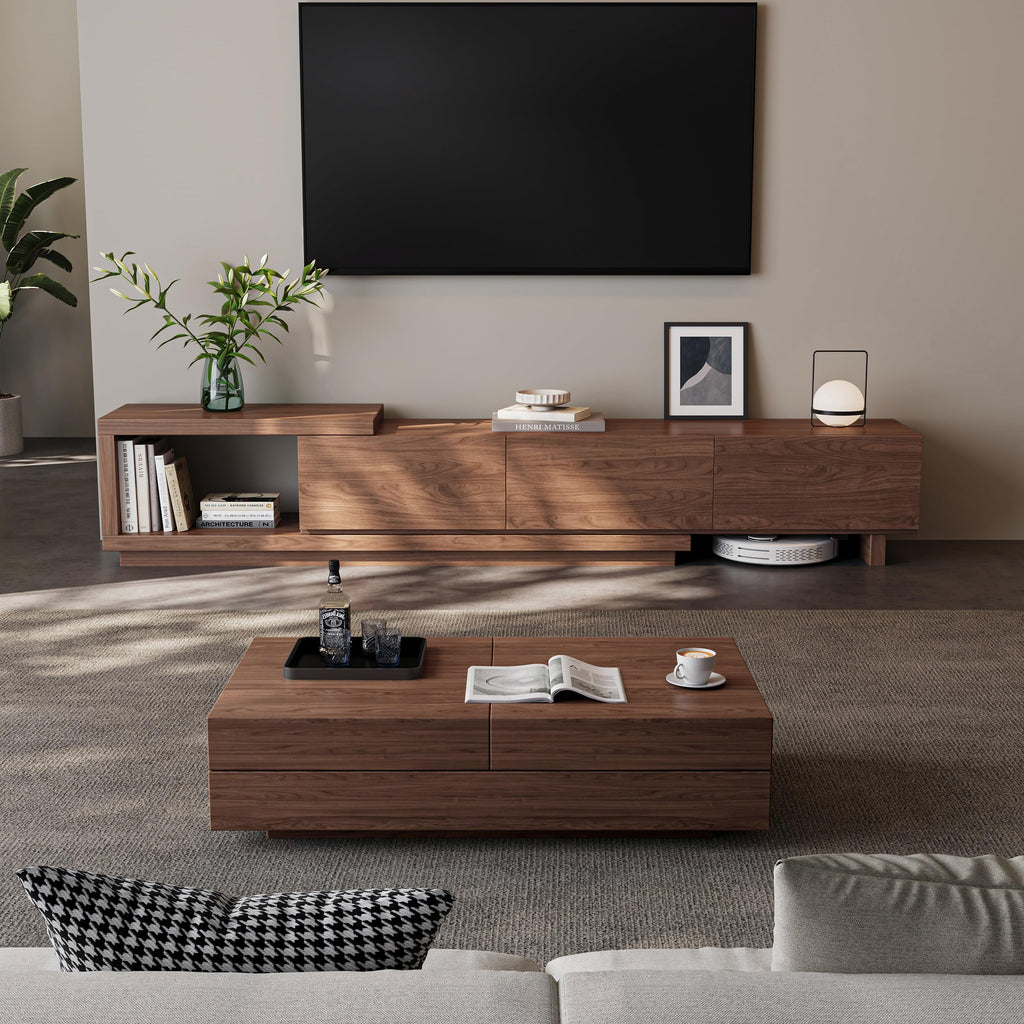 Extendable TV Stand for 65-100 Inches TVs - Walnut Entertainment Console with 3 Drawers & 1 Storage Compartment